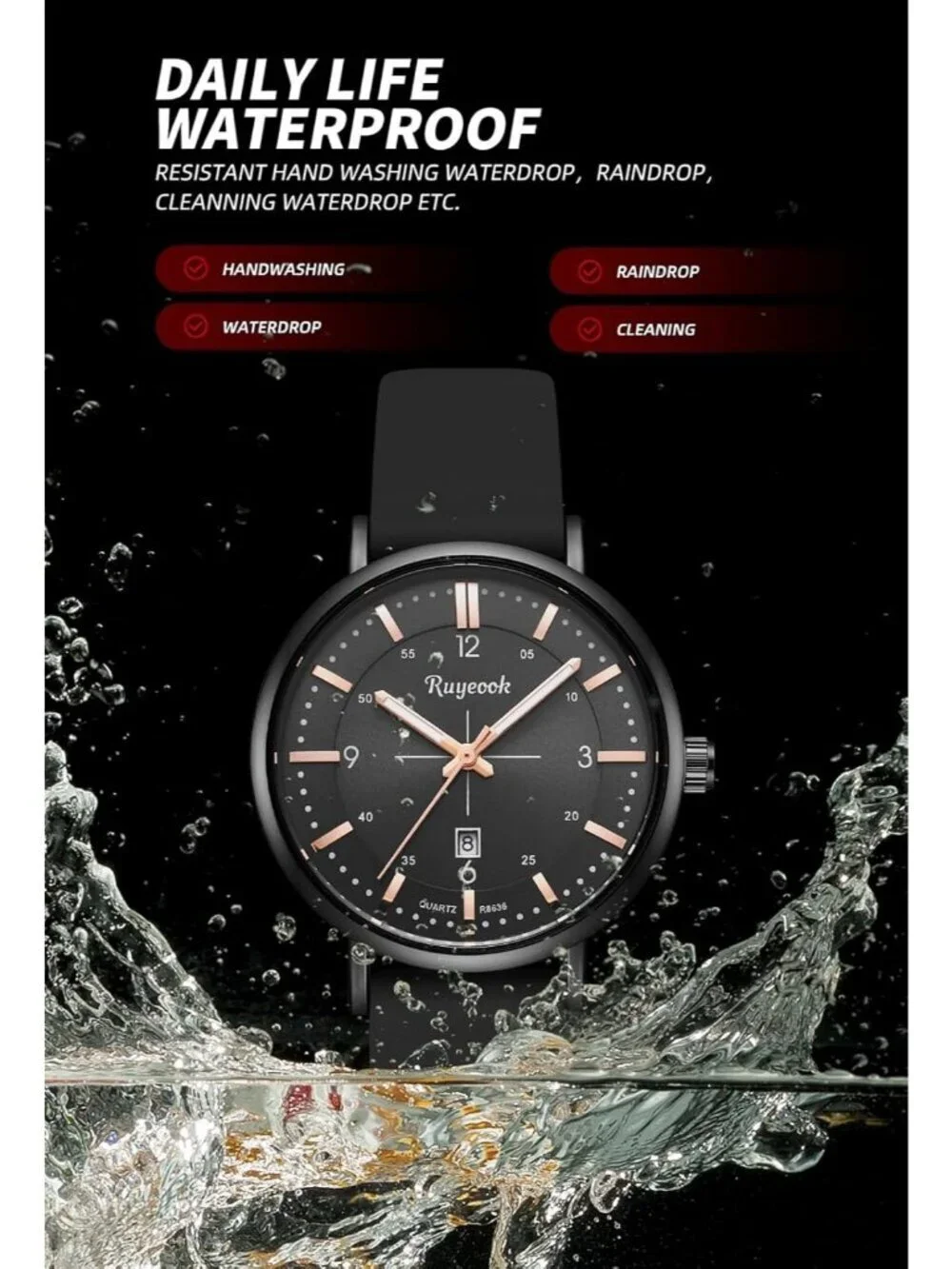 Women's Black Analog Quartz Silicone Band Calendar Date Display Wrist Watch